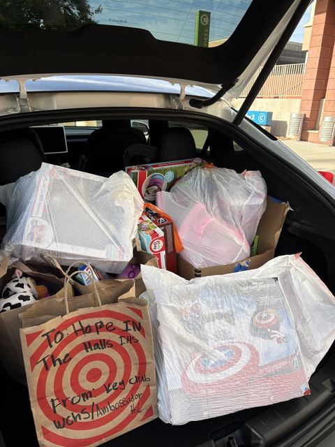The back of a car filled with bags and boxes of donated toys, including a bag labeled “To Hope in the Halls”